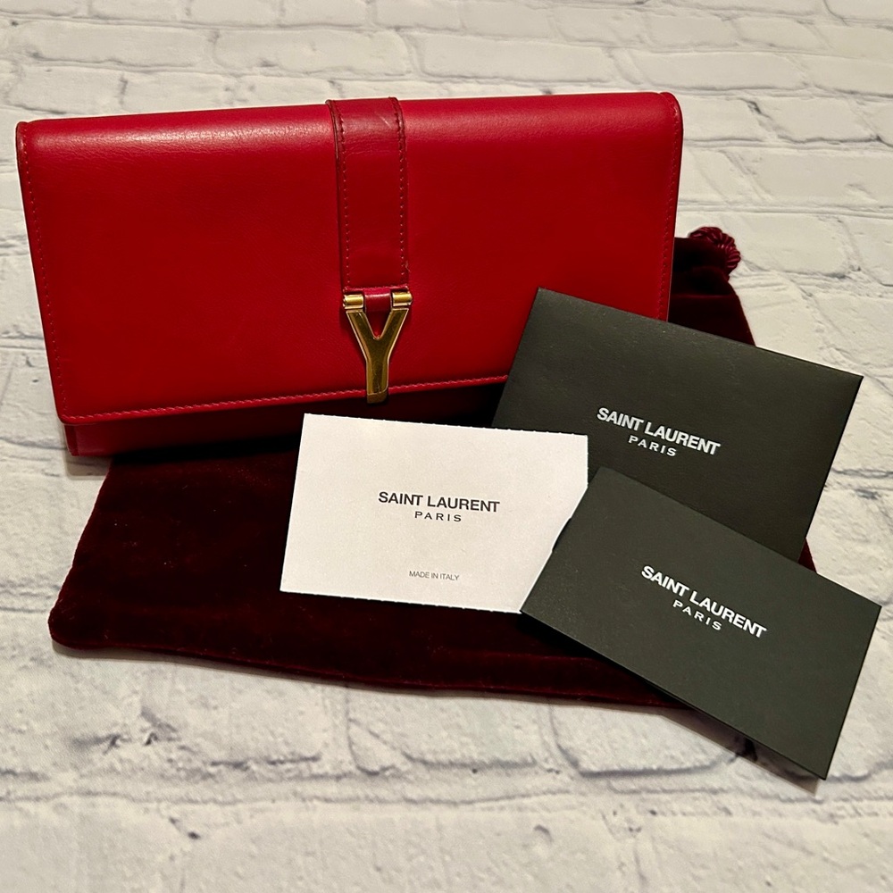 Yves Saint Laurent Red Leather Wallet with Signature Y Hardware